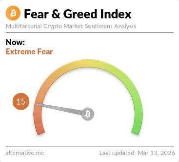 Crypto Fear and Greed Index showing Extreme Fear at 15 on March 13, 2026