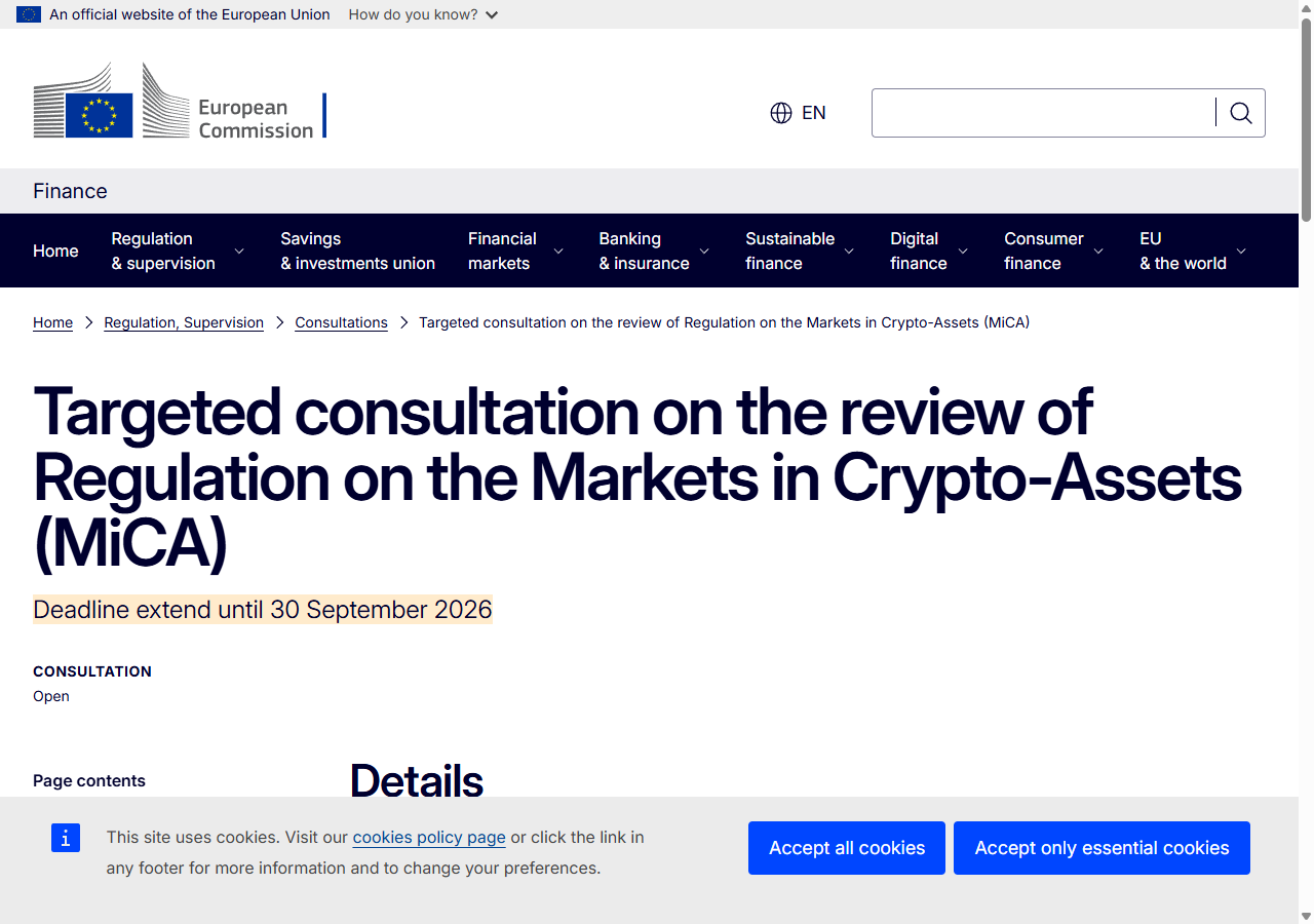 EU Commission targeted consultation on MiCA review, reviewed during our July 2026 analysis.