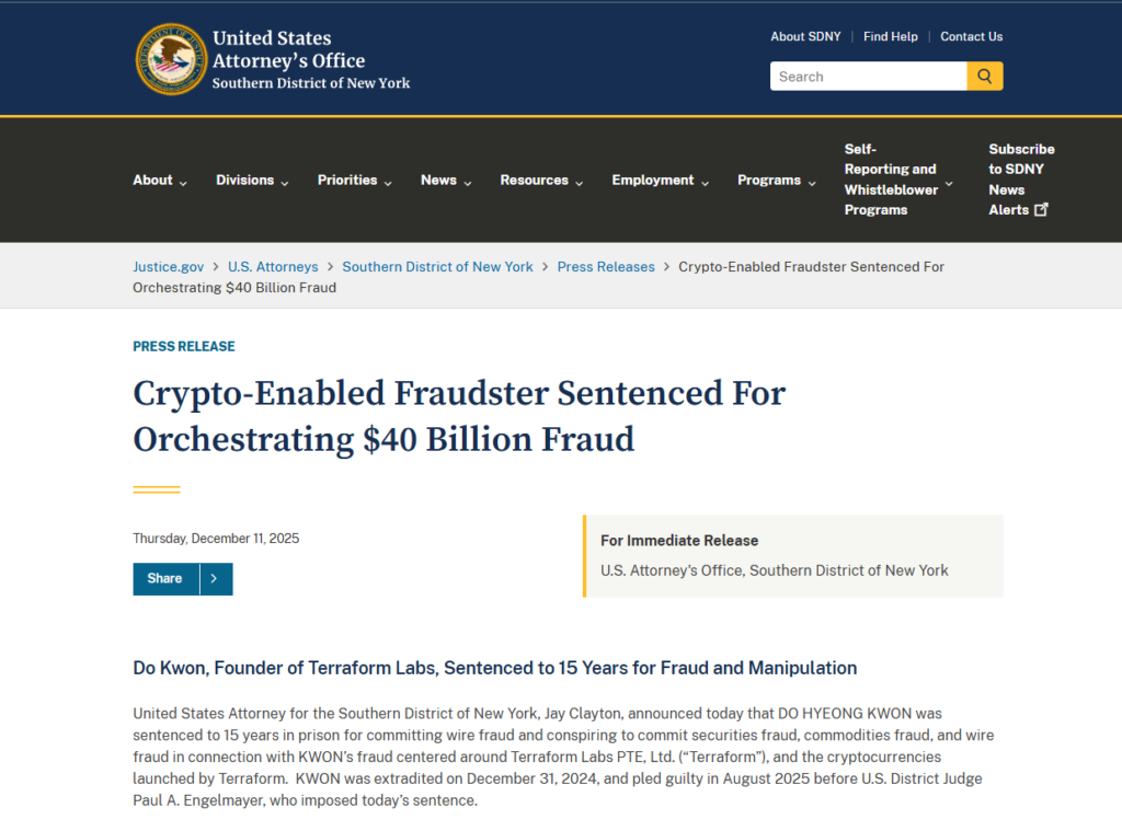 DOJ press release: Do Kwon sentenced to 15 years