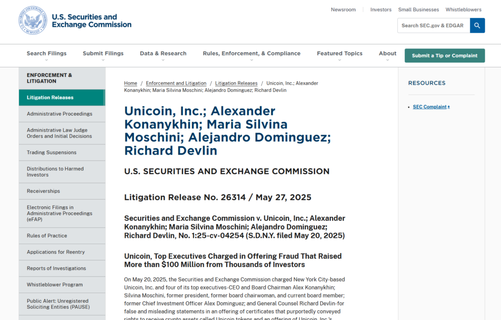 SEC litigation release on Unicoin fraud charges, May 2025