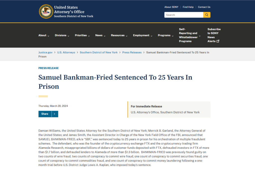 DOJ press release: Sam Bankman-Fried sentenced to 25 years
