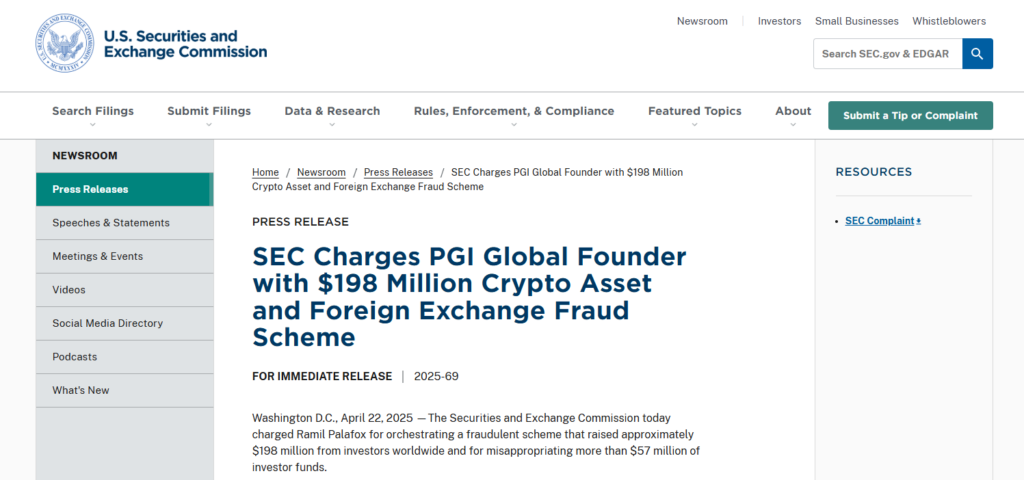 SEC press release on PGI Global charges against Ramil Palafox