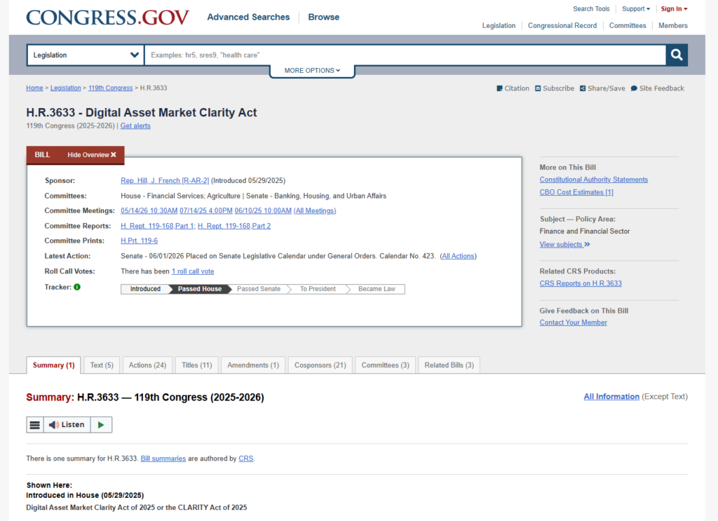 Congress.gov GENIUS Act enacted legislation and CLARITY Act Senate calendar status reviewed during our July 2026 analysis.