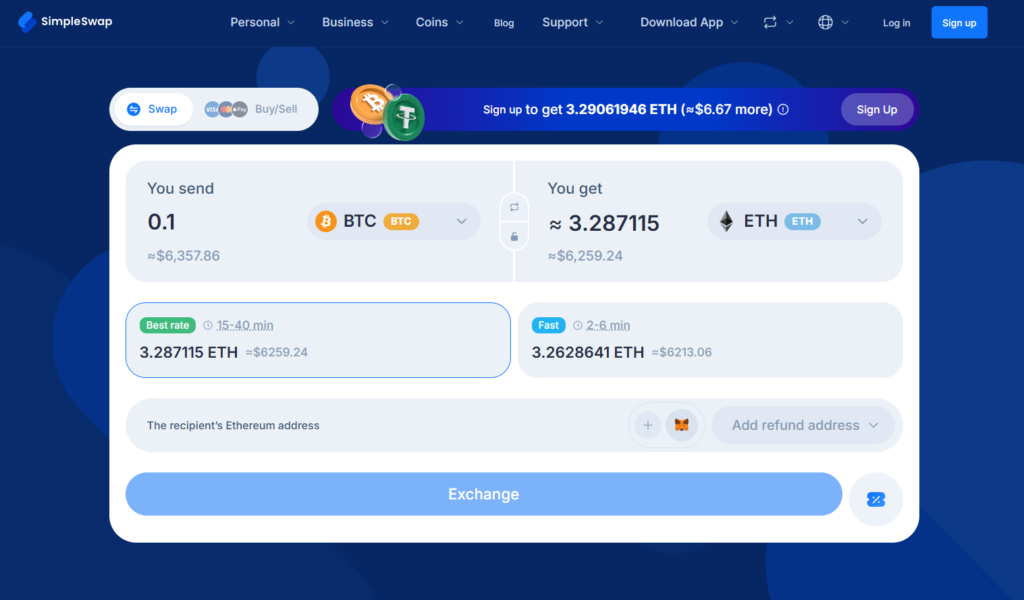 SimpleSwap homepage showing no-KYC swap interface and token selection