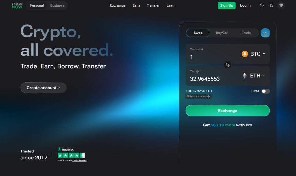 ChangeNOW homepage showing fixed-rate and float-rate swap options for no-KYC trading