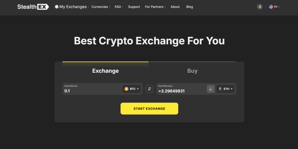 StealthEX homepage showing 1400+ token swap interface and non-custodial claims