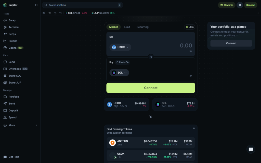 Jupiter aggregator interface showing Solana swap routing and expanded trading features