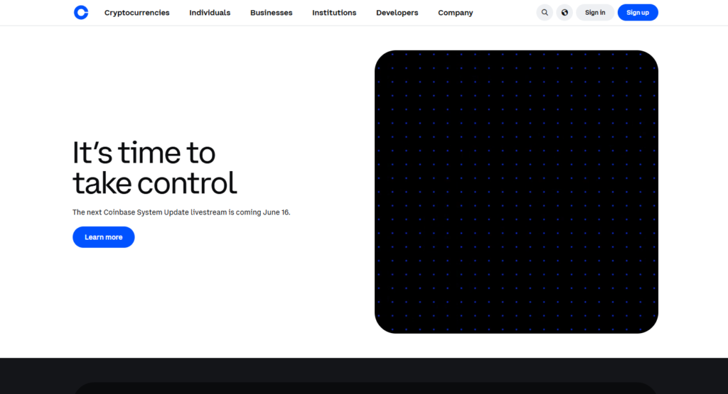Coinbase homepage showing regulated exchange interface and product suite for US users