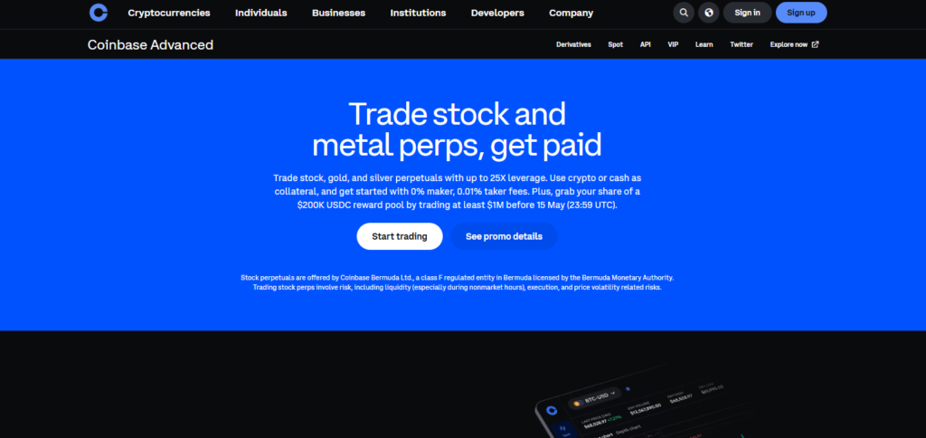 Coinbase Advanced Trade interface showing lower fee structure for active traders