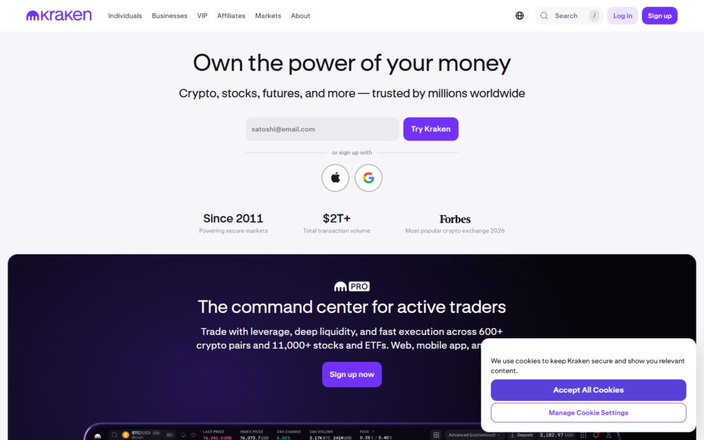 Kraken homepage showing decade-plus operational history and European banking license application