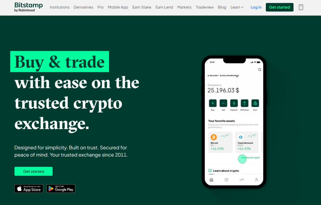 Bitstamp homepage showing European regulated exchange interface and transparent fee structure
