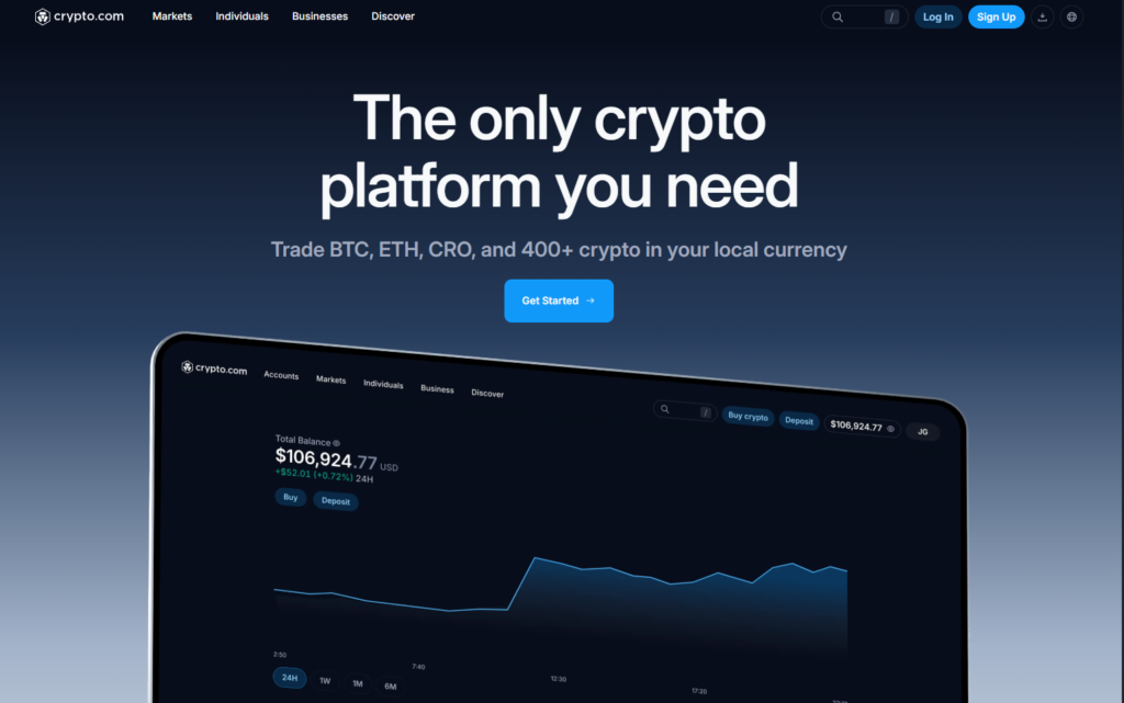 Crypto.com homepage showing Visa card program and mobile-first exchange interface