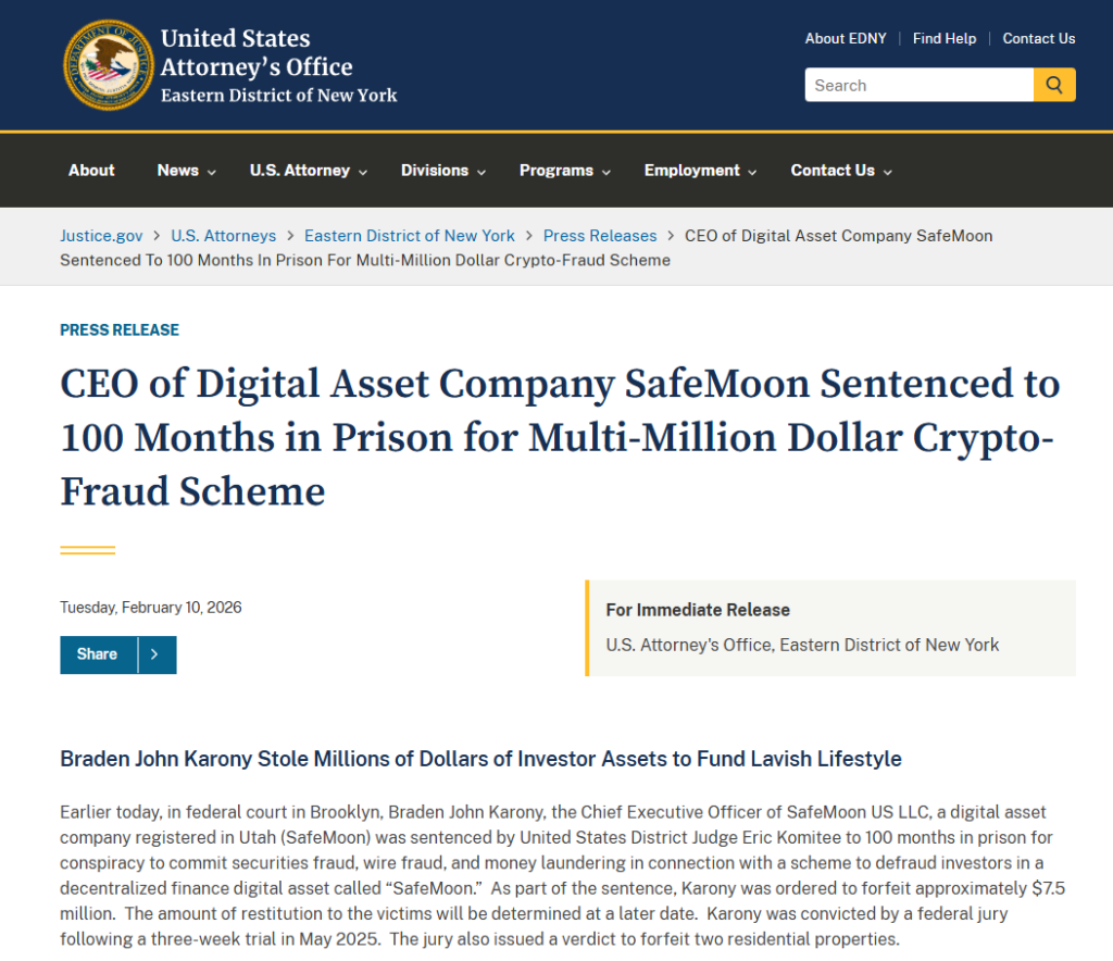 DOJ EDNY: John Karony sentenced 100 months for SafeMoon fraud