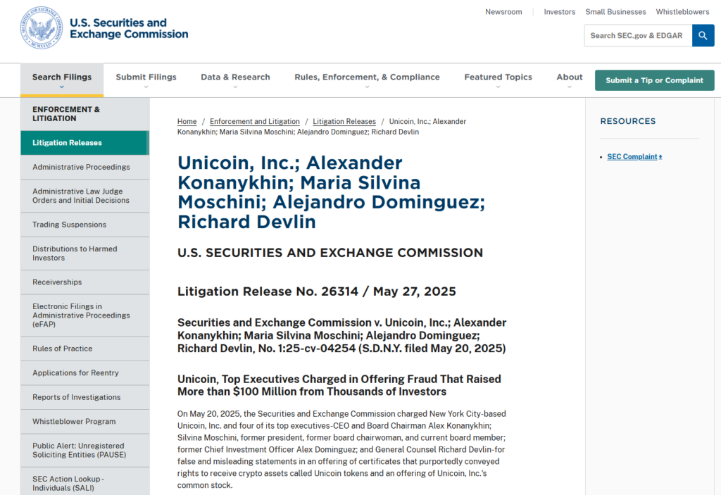SEC Litigation Release 26314: Unicoin fraud charges, May 2025