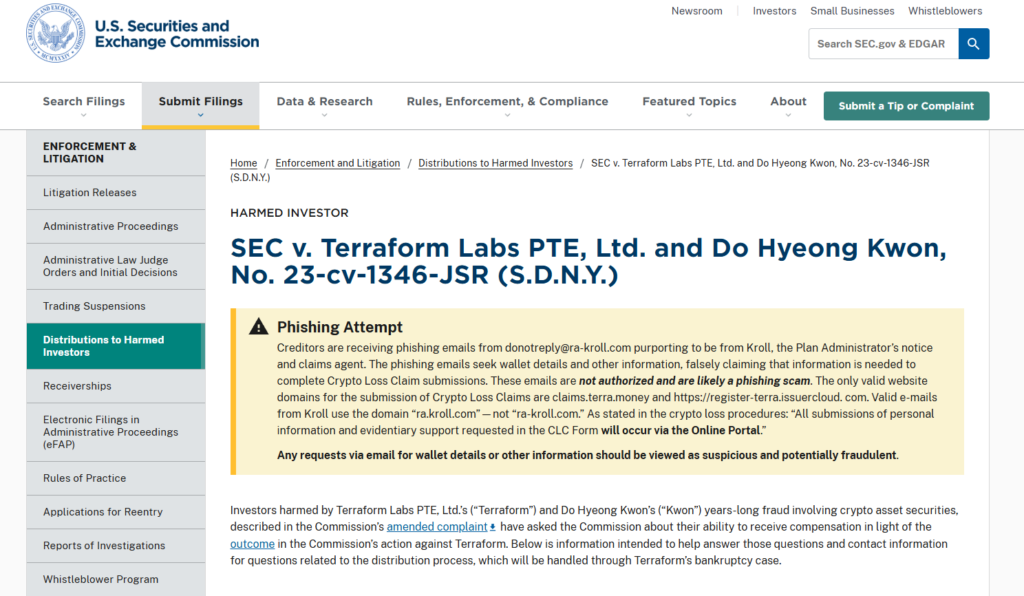 SEC Terraform Labs distribution page for harmed investors