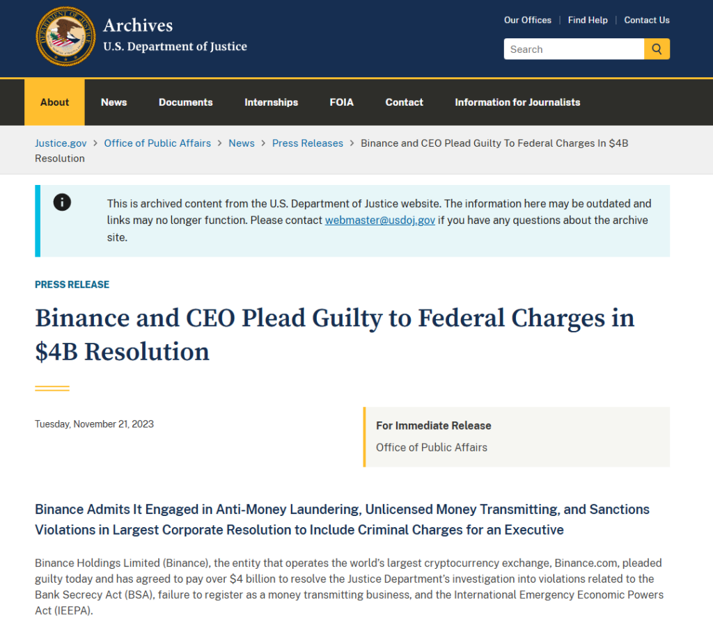 DOJ press release on Binance $4.3B criminal settlement