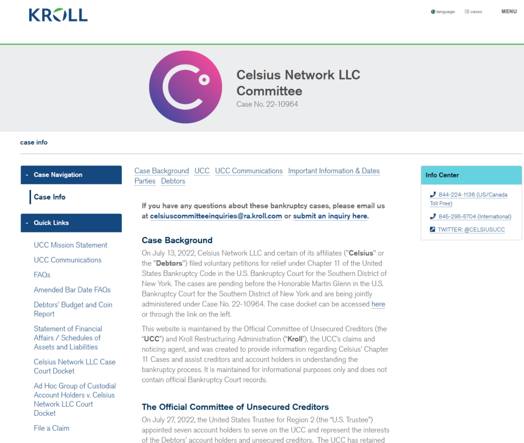 Celsius Network creditor restructuring portal, Kroll, July 2026