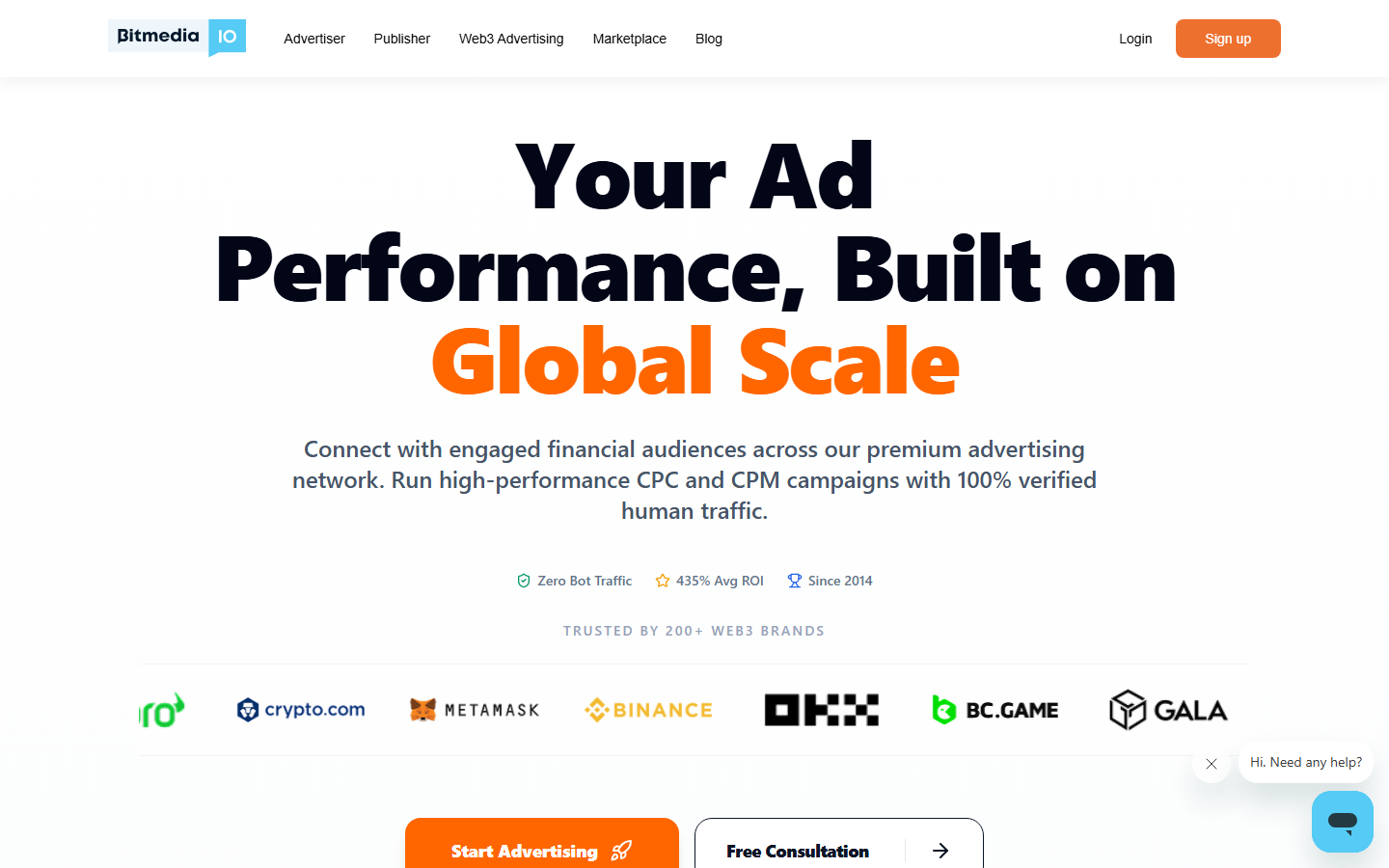 Bitmedia homepage showing self-serve crypto ad network with 1.5B monthly impressions since 2014