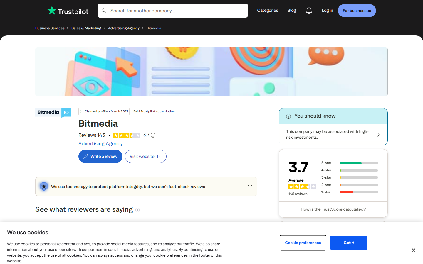 Bitmedia Trustpilot page showing 3.7 out of 5 rating from 145 verified reviews
