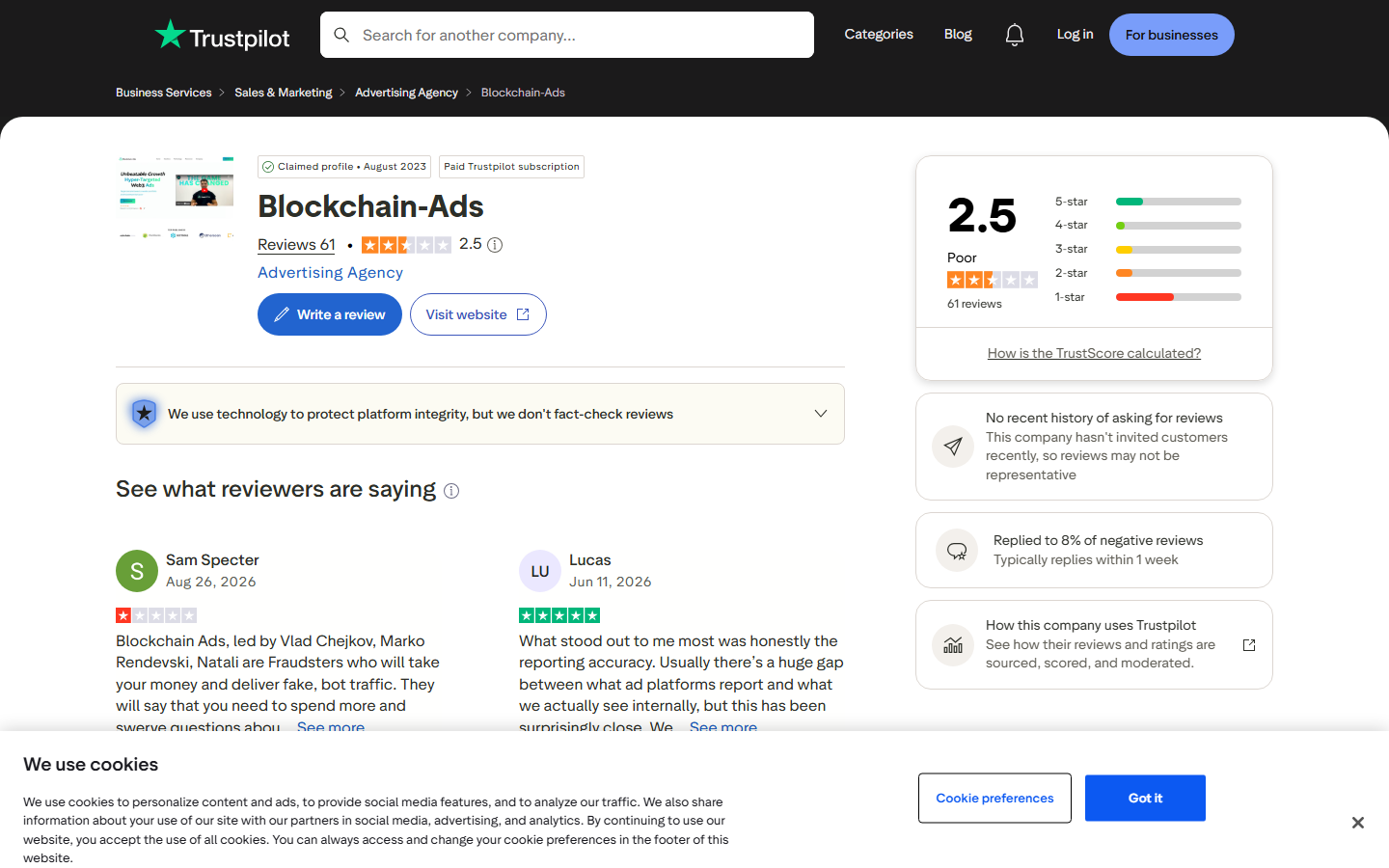 Blockchain-Ads Trustpilot page showing 2.5 out of 5 Poor rating from 61 reviews