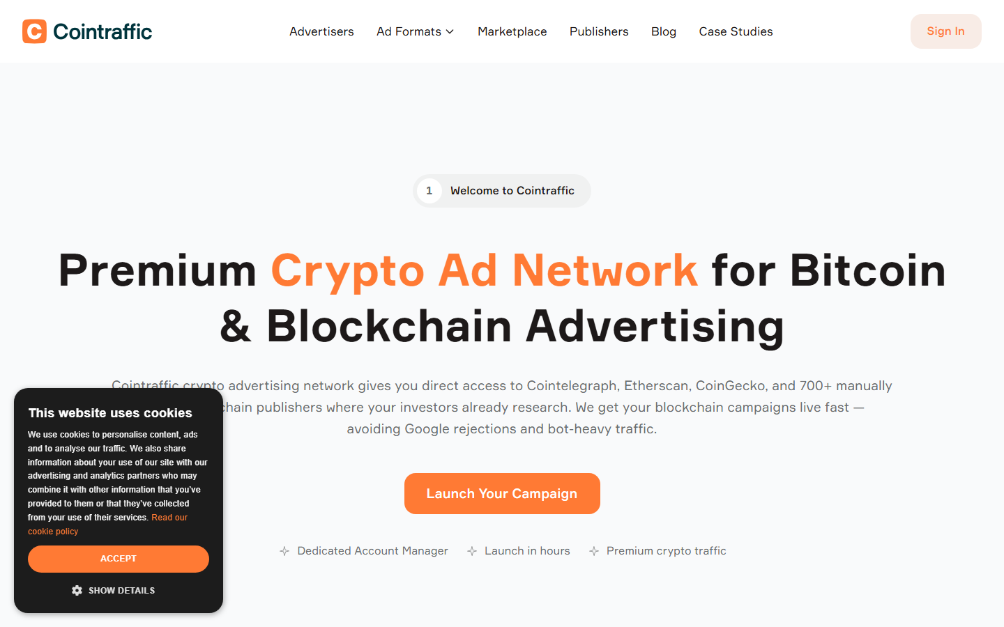 Cointraffic homepage showing premium crypto advertising network with Cointelegraph, Etherscan, and CoinGecko inventory