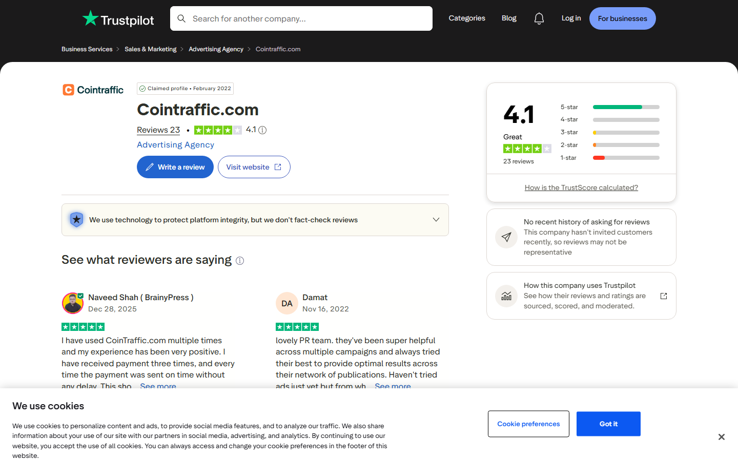 Cointraffic Trustpilot page showing 4.1 out of 5 rating from 23 verified reviews