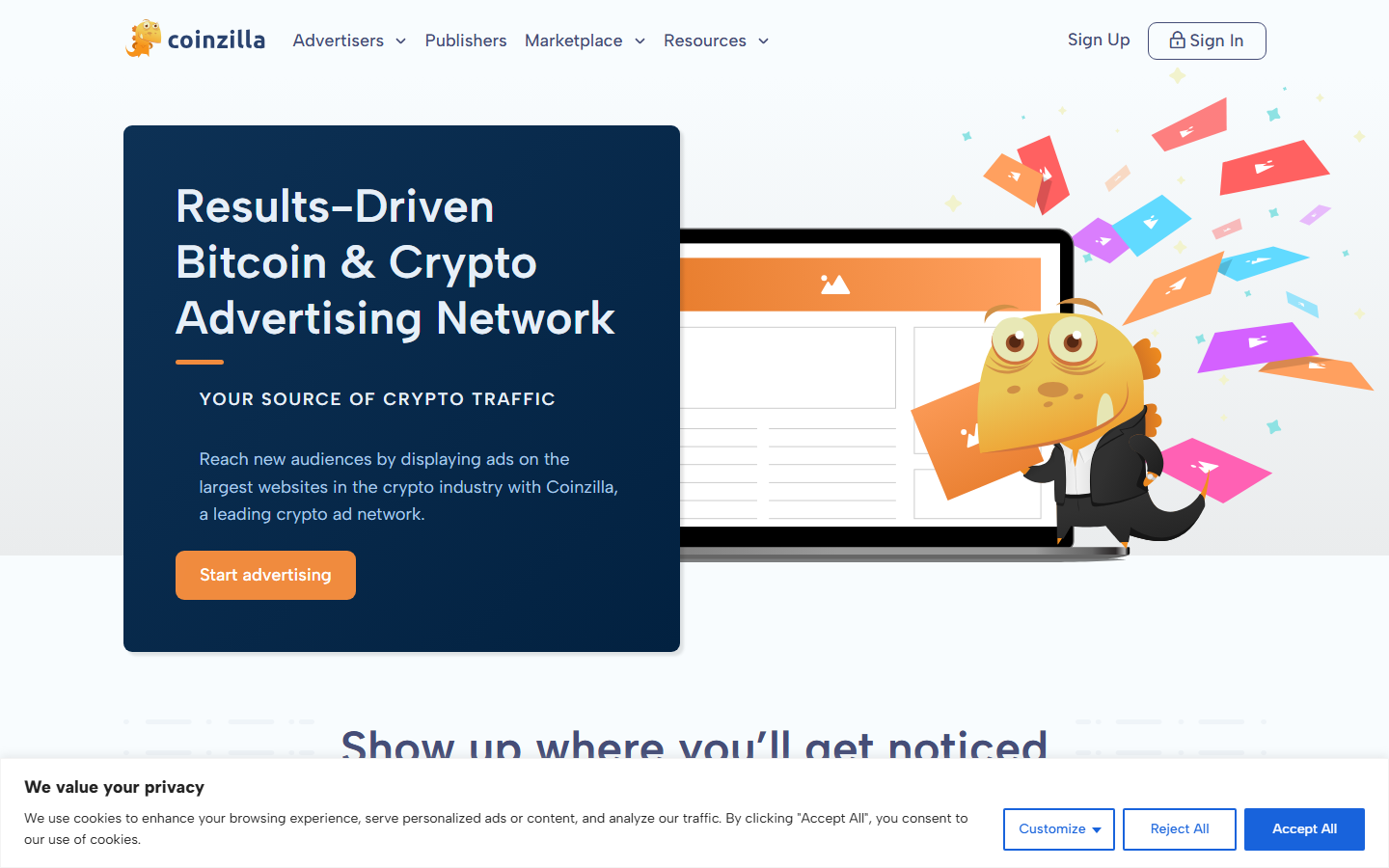 Coinzilla homepage showing established crypto and Web3 advertising network