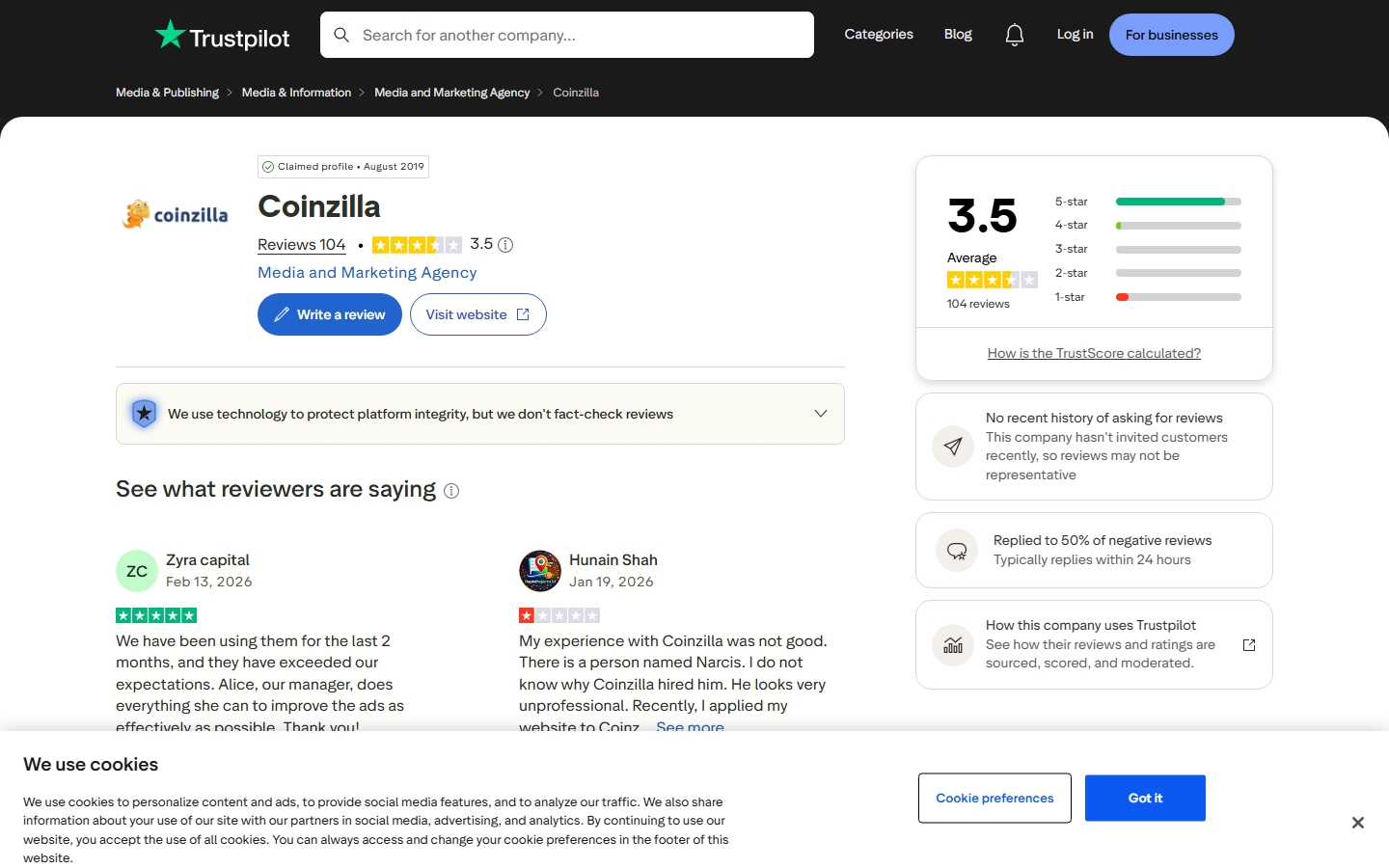 Coinzilla Trustpilot page showing 3.5 out of 5 rating from 104 verified reviews