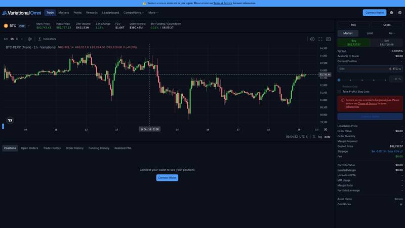 Omni live BTC terminal showing the region notice, navigation and Connect Wallet state